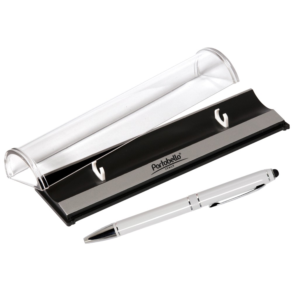 Шариковая ручка, iP2, поворотный мех-м, белый, отделка хром, силиконовый стилус, в упаковке с логотипом