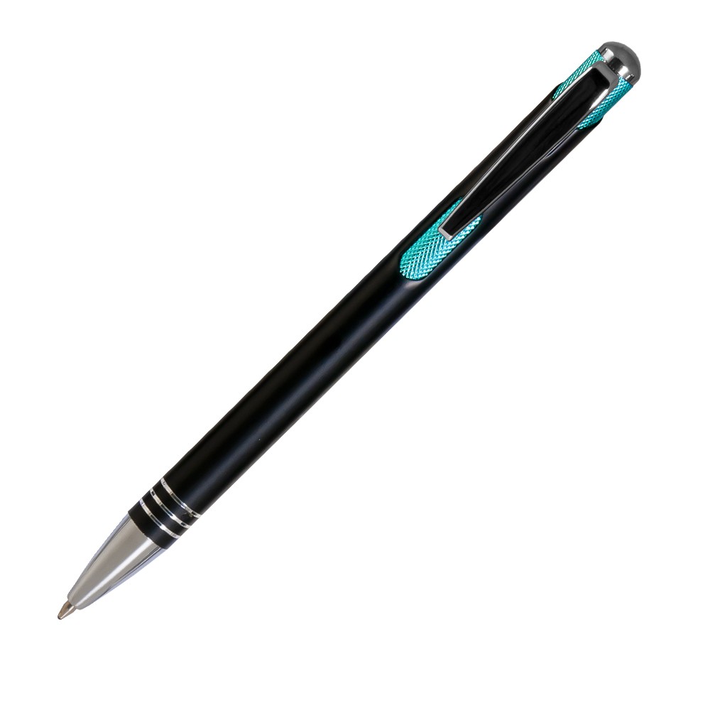 Шариковая ручка, Bello, нажимной мех-м,корпус-алюминий,отд.-хром. гравир., черный/аква